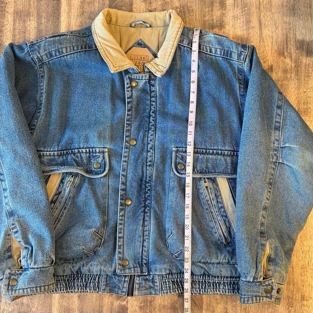 VTG 90s Denim Bomber Jacket 100% Cotton Heavyweight Utility Y2K Jean Unisex XL - Picture 5 of 12